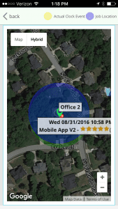 Google Map of GPS track of employee clock in